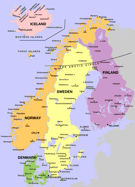 map of norway and surrounding countries. on the map, Sweden, Norway